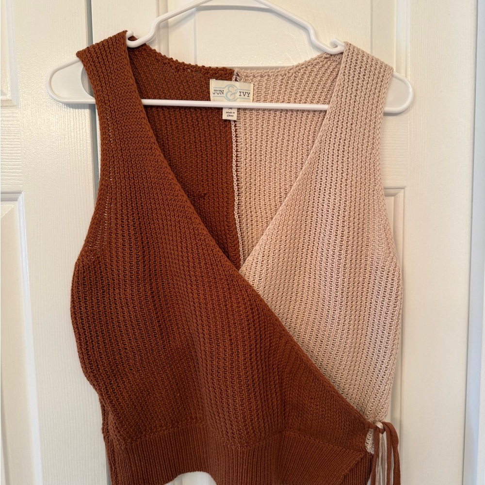 Brown and Cream Ribbed Wrap Tank Top